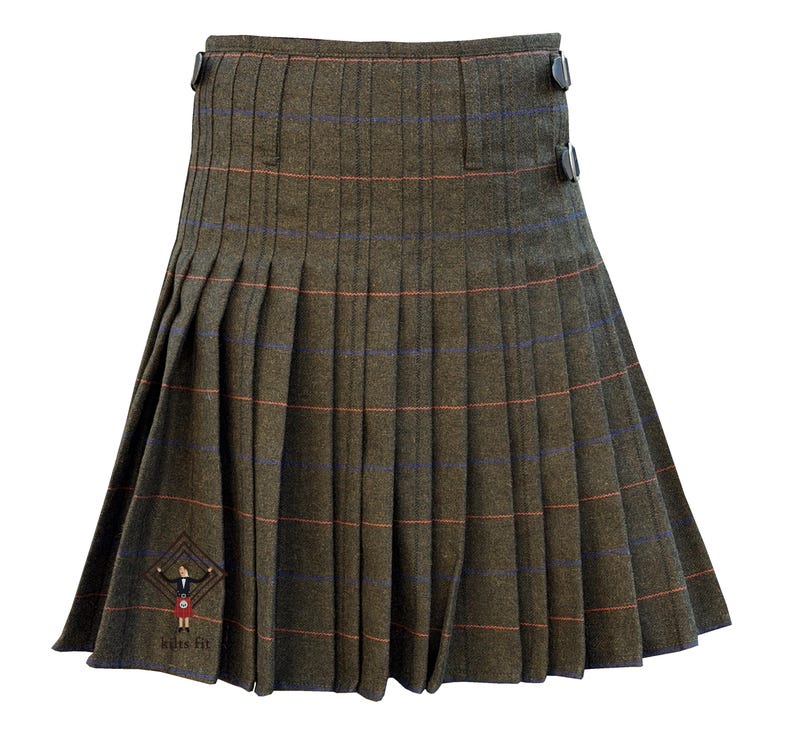 May include: A pleated kilt in a green and brown plaid pattern with orange and blue accents. The kilt has a button closure on the side and a logo near the hem. This traditional garment is made of a woven fabric.