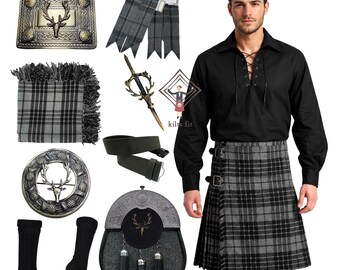 Men's Kilt Outfit Scottish Stag Head Kilt 10 Pieces Set - Traditional Tweed Sporran Wedding Kilt Outfit Available In 80+ Tartan Colors