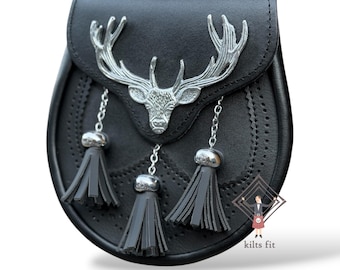 Black Leather Kilt Sporran Chrome Stag Head 3 Tassels Sporran With Chain Belt