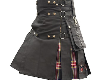 Black Hybrid Utility Kilt For Men - Tartan Pleated Cargo Pockets Kilt - Available In 80+ Inner Tartan Pleats Available Sizes 28" to 62"