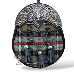 Stag Head Cantle Tartan Kilt Sporran - Skotsk Kilt Tartan Läder Sporran i tre tofsar Finns i 100+ Tartan färger