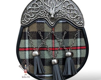 Stag Head Cantle Tartan Kilt Sporran - Scottish Kilt Tartan Leather Sporran In Three Tassels Available In 100+ Tartan Colors