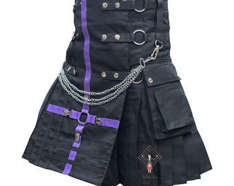 Men's Cargo Black Gothic Utility Kilt In Purple Cross And Nylon Straps - Sizes 28" to 62" With Custom Length And Different Colors