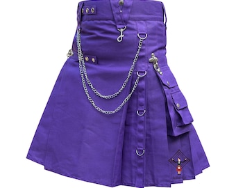 Purple Gothic Kilt For Men - Tactical Gothic Utility Detachable Pockets Kilt - Sizes 28" to 62" With Custom Length