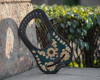 Black & Green With Golden Flowers 10 String Lyre Harp - Premium Quality Lyre With Free Tuning Key | Free Extra Strings