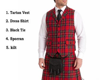 Men's Collar Waistcoat With Matching Tartan Kilt - 5 Pcs Scottish Wedding Kilt Outfit – Available In 100+ Tartan Colors