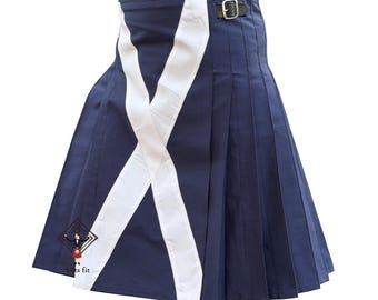 Men's Scotland Flag Kilt - Scottish Blue Saltire Design Kilt Sizes 28" to 62" With Custom Length
