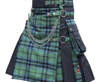 Gothic Black Keith Ancient Front Apron Tartan With Pleats Kilt Waist Sizes 28" to 62" With Custom Length