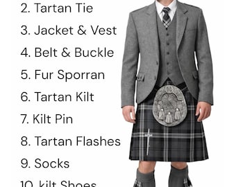 Conjunto completo de kilt para boda para hombre, chaqueta y chaleco de lana escocesa, 10 piezas, conjunto tradicional de kilt, disponible en más de 100 tartanes.