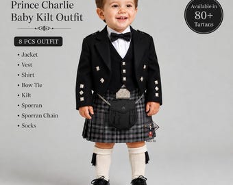 Baby Prince Charlie Kilt Outfit - Kids 8 Pcs Kilt Set Available in 90+ Clan Tartan Colors