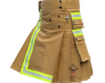 Khaki Reflector Fireman Kilt - Firefighter Highly Visible Reflector Kilt - Sizes 28" to 62" With Custom Length and In Different Colors