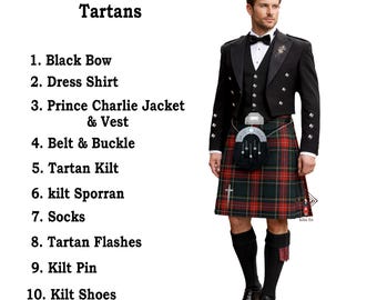 Traje de kilt para boda de hombre, chaqueta y chaleco estilo príncipe Charlie escocés, 10 piezas, traje completo de kilt disponible en más de 100 tartanes.