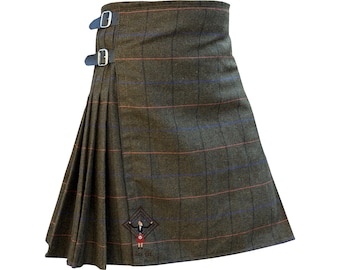 Falda escocesa de lana tweed marrón para hombre - 8 yardas, tirantes ajustables. Tallas de falda escocesa de 28" a 62" con longitud personalizada.