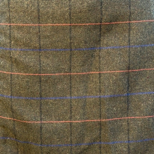 May include: Close-up of a textured fabric with a plaid pattern. The fabric is primarily a dark olive green color, with intersecting black lines forming a grid. Thin red and blue lines run horizontally across the fabric.