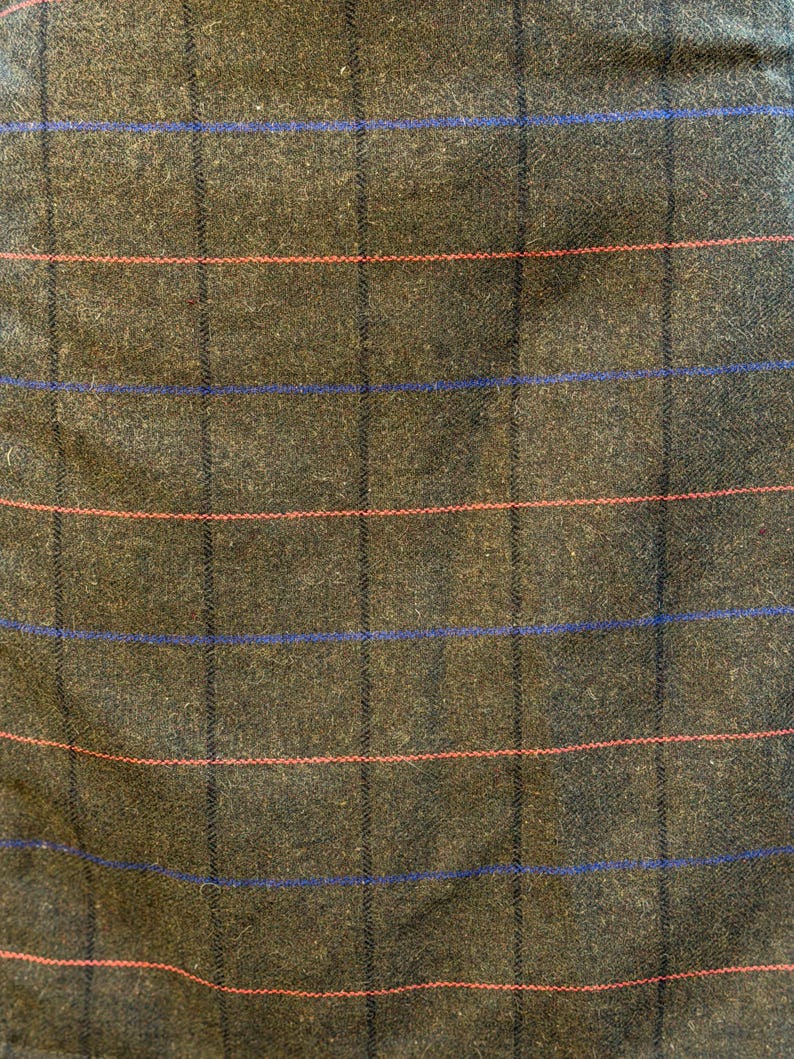 May include: Close-up of a textured fabric with a plaid pattern. The fabric is primarily a dark olive green color, with intersecting black lines forming a grid. Thin red and blue lines run horizontally across the fabric.