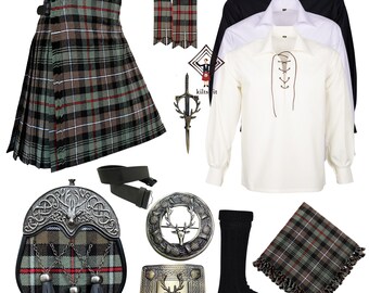 Men's Tartan Kilt Outfit Stag Head 10 Pieces Set - Scottish Traditional Matching Kilt Tartan Sporran Wedding Kilt Outfit In 90+ Tartan Color