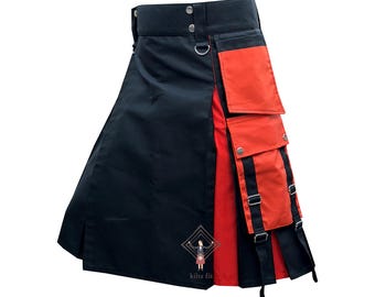 Men's Black And Orange Utility Kilt - Halloween Orange Pleats Kilt 28" to 62" With Custom Length