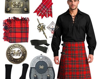 Men's Kilt Outfit Welsh Dragon Antique Kilt 10 Pieces Set - Scottish Traditional Tweed Sporran Wedding Kilt Outfit Available In 80+ Tartans