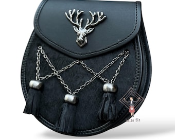 Black Stag Head Leather Kilt Sporran In Cross Chain With Sporran Belt