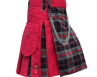 Red Hybrid Kilt For Men - Front Tartan Apron With Pleats And Chains Gothic Kilt - Available In 80+ Tartan Colors And Sizes 28" to 62"