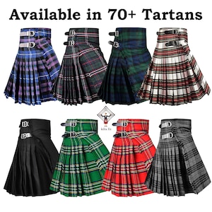 Könnte beinhalten: Eine Auswahl an Kilts in verschiedenen Tartanmustern, darunter Blau, Grün, Rot und Schwarz. Jeder Kilt hat ein plissiertes Design und Lederriemen mit silbernen Schnallen. Der Text "Available in 70+ Tartans" ist zu sehen.