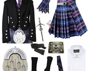 Men's Kilt 9 Pcs Prince Charlie Outfit Traditional 8 Yard Kilt Outfit Set - Complete Scottish Wedding Kilt Outfit Available In 90+ Tartans