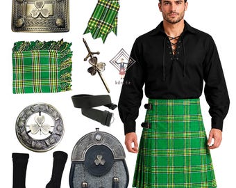 Men's Irish Kilt Outfit Shamrock Antique Kilt 10 Pieces Set - Scottish Tweed Sporran Wedding Kilt Outfit Available In 80+ Tartans