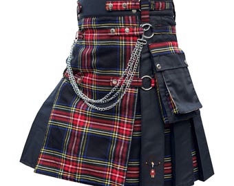 Men's Gothic Black Hybrid Kilt Black Stewart Front Tartan Apron With Pleats Available In 80+ Inner Tartan Pleats Available Sizes 28" to 62"