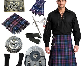 Men's Kilt Outfit Scottish Thistle Antique Kilt 10 Pieces Set - Traditional Tweed Sporran Wedding Kilt Outfit Available In 80+ Tartan Colors