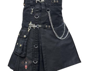 Men's Black Gothic Kilt - Cotton Tactical Gothic Utility Detachable Pockets Kilt - Sizes 28" to 62" With Custom Length