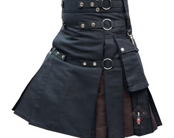 Men's Black Hybrid Nylon Straps Inner Brown Pleats Utility Kilt - Sizes 28" to 62" With Custom Length Available In Different Pleats Colors