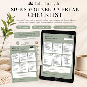 Checkliste „Anzeichen, dass Sie eine Pause brauchen“ (zum Ausdrucken), Warnzeichen für Burnout, Check-in für mentale und körperliche Erschöpfung, Arbeitsblatt zur Selbstfürsorge, Wellness-PDF