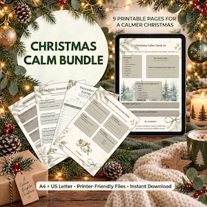 May include: A Christmas Calm Bundle featuring 9 printable pages for a calmer Christmas. The set includes a Christmas Calm Check-In, My Holiday Season, December Energy, and a holiday planner, all displayed on a tablet and as printed sheets.