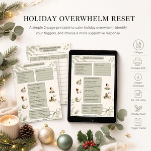 以下が含まれることがあります： Holiday Overwhelm Resetの印刷可能なセット。テキスト、チェックボックス、リラックスする人物のイラストが描かれた2ページ構成です。文書には、トリガーを特定し、対応策を選択するためのセクションが含まれており、紙とデジタルタブレットの画面に表示されています。