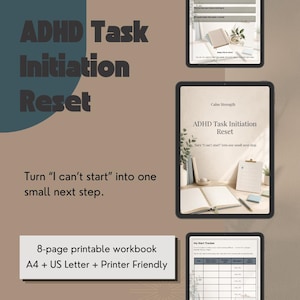 Op de afbeelding: Een 8-pagina tellend printbaar werkboek getiteld ADHD Task Initiation Reset, beschikbaar in A4 en US Letter-formaat. Het digitale document bevat een tracker, prompts en planningspagina's in neutrale kleuren voor taakbeheer.