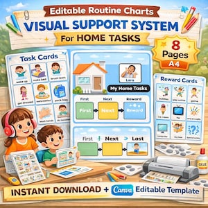 Pode incluir: Um sistema de apoio visual colorido para tarefas domésticas, com cartões de tarefas, cartões de recompensa e um gráfico de tarefas domésticas. A imagem inclui o texto "Editable Routine Charts" e "Visual Support System".