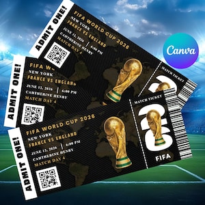 May include: Three FIFA World Cup 2026 match tickets. The tickets are black with gold text and a gold trophy graphic. The tickets read "FIFA World Cup 2026, France vs England, June 12, 2026, 6:00 PM, New York".