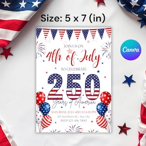 Hand Drawn Doodle 4th Of July BBQ Invite | Independence Day Canva Template | Red White Blue Summer Barbeque Party | USA 250th Anniversary
