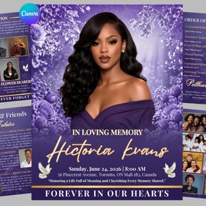 Op de afbeelding: Een herdenkingsaankondiging met een portret van een vrouw in een paarse jurk. De tekst luidt "In Loving Memory Victoria Evans" met datum, tijd en locatie. Paarse bloemaccenten en duifillustraties completeren het ontwerp.