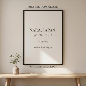 Może przedstawiać: Czarny, oprawiony wydruk z napisem "NARA, JAPAN", współrzędnymi, datą 23.05.2025 i frazą "Where it all began". Wydruk jest czarno-biały i wisi na jasnej ścianie. Mały wazon z zielenią stoi na drewnianym stole.