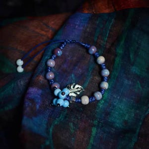 Handmade Vintage Blue Ceramic Bead Bracelet, Monstera Leaf Charm, Boho Cottagecore Jewelry, Adjustable Drawstring, Gift for Her