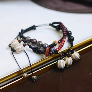 Handmade Layered Ceramic Bead Bracelet, Vintage Brown Boho Stack, Cottagecore Earthy Jewelry, Adjustable Drawstring, Gift for Her