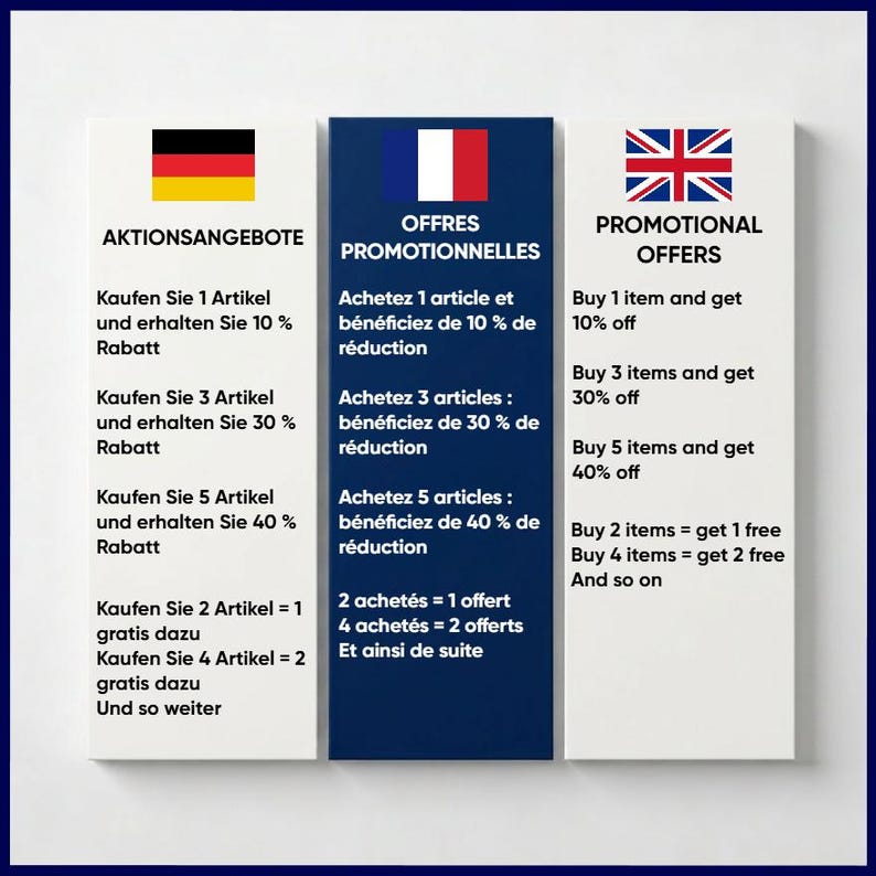 K&ouml;nnte beinhalten: Drei wei&szlig;e rechteckige Schilder mit Werbeangeboten. Die Schilder zeigen die Flaggen Deutschlands, Frankreichs und des Vereinigten K&ouml;nigreichs. Jedes Schild listet Rabatte auf, wie z. B. 1 Artikel kaufen und 10 % Rabatt erhalten.