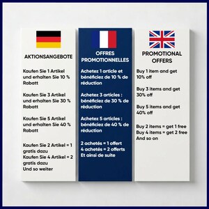 May include: Promotional offers displayed on three white rectangular signs. The signs feature flags of Germany, France, and the United Kingdom. Each sign lists discounts such as buy one item and get 10% off, buy 3 items and get 30% off.