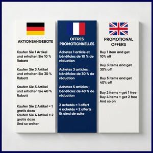 K&ouml;nnte beinhalten: Drei rechteckige Schilder mit den Flaggen Deutschlands, Frankreichs und des Vereinigten K&ouml;nigreichs. Jedes Schild listet Werbeangebote in der jeweiligen Sprache auf. Das deutsche Schild zeigt "Aktionsangebote".