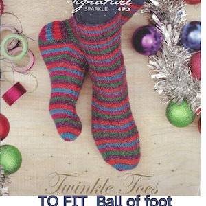 May include: Striped Sparkle Socks in red, blue, and green with a glittery thread. The socks are 4-ply and fit a ball of foot circumference of 7.9 - 9.4 inches. The text on the image reads "Striped Sparkle Socks" and "Twinkle Toes".