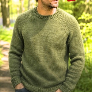 Modello facile per maglione da uomo, maglione raglan in lana in formato PDF, maglione girocollo, lavorazione top-down per principianti, taglie dalla XS alla 5XL, download immediato in formato PDF.