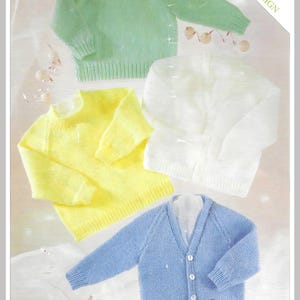 May include: Image of four knitted baby garments in pastel shades: pale green, yellow, white, and blue. The image includes the text "Easy Knit Design" and "Premature - 2 yrs".