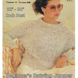 May include: A vintage knitting pattern cover featuring the brand name "Copley" in red. The pattern is for a "Beginner's Batwing Jumper" with a bust size of 32-38 inches. The model is wearing the sweater, which is a cream-colored knit.