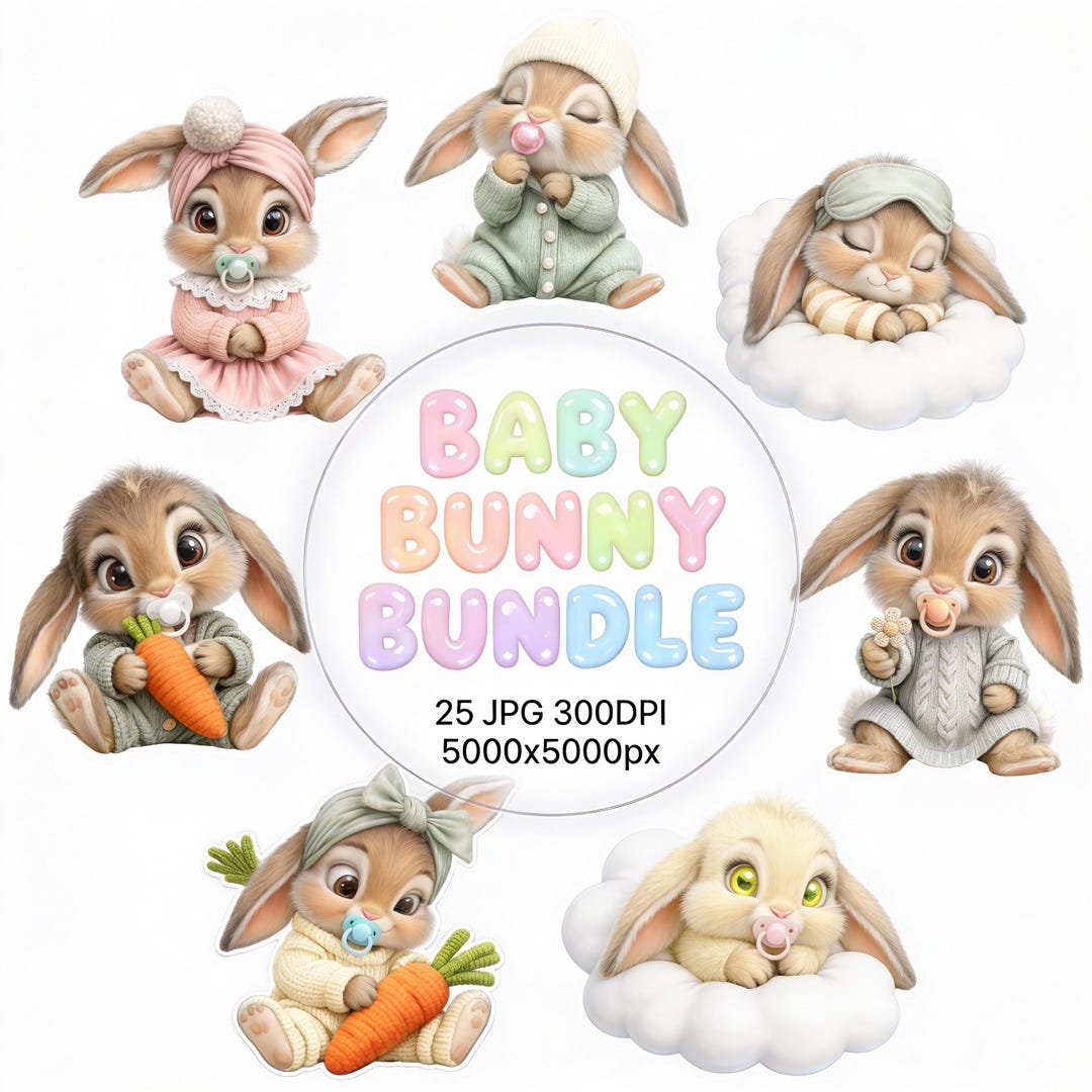 25 Baby Bunny Clipart | Cute Rabbit Sublimation | Nursery Wall Art JPG ...
